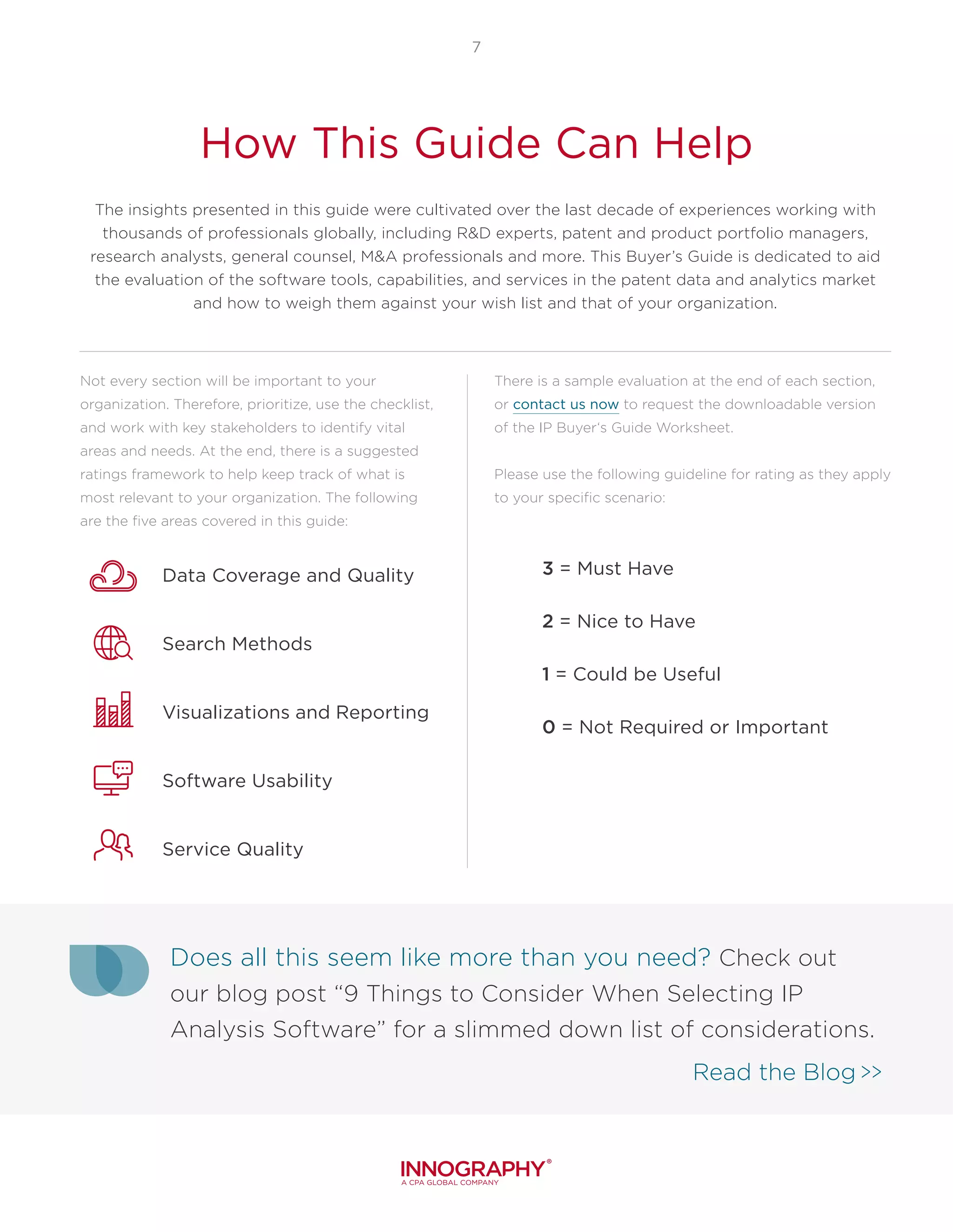 7
How This Guide Can Help
The insights presented in this guide were cultivated over the last decade of experiences working with
thousands of professionals globally, including R&D experts, patent and product portfolio managers,
research analysts, general counsel, M&A professionals and more. This Buyer’s Guide is dedicated to aid
the evaluation of the software tools, capabilities, and services in the patent data and analytics market
and how to weigh them against your wish list and that of your organization.
Does all this seem like more than you need? Check out
our blog post “9 Things to Consider When Selecting IP
Analysis Software” for a slimmed down list of considerations.
Read the Blog >>
Not every section will be important to your
organization. Therefore, prioritize, use the checklist,
and work with key stakeholders to identify vital
areas and needs. At the end, there is a suggested
ratings framework to help keep track of what is
most relevant to your organization. The following
are the five areas covered in this guide:
Data Coverage and Quality
Search Methods
Visualizations and Reporting
Software Usability
Service Quality
3 = Must Have
2 = Nice to Have
1 = Could be Useful
0 = Not Required or Important
There is a sample evaluation at the end of each section,
or contact us now to request the downloadable version
of the IP Buyer‘s Guide Worksheet.
Please use the following guideline for rating as they apply
to your specific scenario:
 