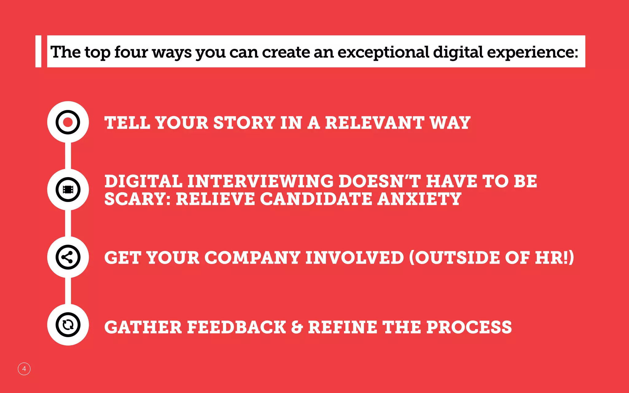 TELL YOUR STORY IN A RELEVANT WAY
GET YOUR COMPANY INVOLVED (OUTSIDE OF HR!)
GATHER FEEDBACK & REFINE THE PROCESS
DIGITAL INTERVIEWING DOESN’T HAVE TO BE
SCARY: RELIEVE CANDIDATE ANXIETY
The top four ways you can create an exceptional digital experience:
4
 