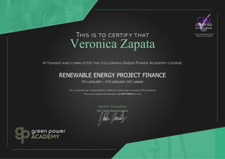 Veronica Zapata
RENEWABLE ENERGY PROJECT FINANCE
9TH JANUARY – 11TH JANUARY 2017, MIAMI
 