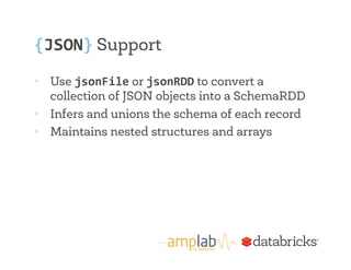 {JSON} Support 
• Use jsonFile or jsonRDD to convert a 
collection of JSON objects into a SchemaRDD 
• Infers and unions the schema of each record 
• Maintains nested structures and arrays 
 