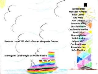 Resumo: turma 2ºC da Professora Margarete Gomes

Montagem: Colaboração de Maria Ribeiro

Ilustradores:
Francisco Almeida
Érica Carmo
Rita Melo
Raul Oliveira
Bernardo Silva
Beatriz Ribeiro
Carolina Fernandes
Ana Rocha
Afonso Iglésias
André Rocha
Miguel Vitó
Carolina Brioso
Joana Martins
Sofia Martins

 