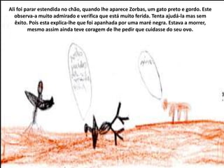 Ali foi parar estendida no chão, quando lhe aparece Zorbas, um gato preto e gordo. Este
observa-a muito admirado e verifica que está muito ferida. Tenta ajudá-la mas sem
êxito. Pois esta explica-lhe que foi apanhada por uma maré negra. Estava a morrer,
mesmo assim ainda teve coragem de lhe pedir que cuidasse do seu ovo.

 