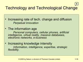 Technology and Technological Change Increasing rate of tech. change and diffusion Perpetual innovation The information age Personal computers, cellular phones, artificial  intelligence, virtual reality, massive databases,  electronic networks, e-business Increasing knowledge intensity Information, intelligence, expertise, strategic  flexibility. 0 