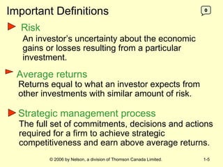 Important Definitions 0 Risk An investor’s uncertainty about the economic gains or losses resulting from a particular investment. Returns equal to what an investor expects from other investments with similar amount of risk. Average returns Strategic management process The full set of commitments, decisions and actions required for a firm to achieve strategic competitiveness and earn above average returns. 