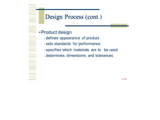 Design Process (cont.)
•Product design
• defines appearance of product
• sets standards for performance
• specifies which materials are to be used
• determines dimensions and tolerances
4-189
Design Process (cont
 