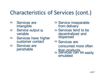 Characteristics of Services (cont.)
 
Services are Service inseparable
intangible
Service output
from delivery
Services tend to be
dispersed
Services are
consumed more often
than products
 
is
variable decentralized and
 Services have higher

customer contact
Services are
perishable

 Services can be
emulated
easily
5-7
 