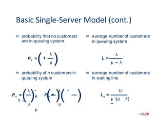 Basic Single-Server Model (cont.)
 
probability that no customers
are in queuing system
average number of customers
in queuing system
P0 =
( )
λ
–
λ
1 L =
μ μ – λ
 
probability of n customers in average number of customers
queuing system in waiting line
Pn =
( )λ ∙ P
(0 =
)( )
λ λ λ2
n n
L =
λ q
μ (μ
–
λ)
1 –
μ μ
μ
5-28
 