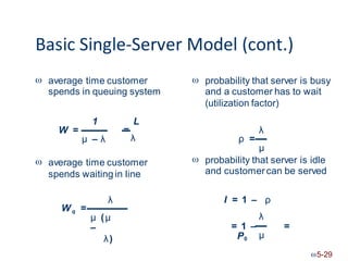 Basic Single-Server Model (cont.)
 
average time customer
spends in queuing system
probability that server is busy
and a customer has to wait
(utilization factor)
1 L
λ
W = = λ
ρ =
μ – λ
μ
 probability that server is idle
and customercan be served
 average time customer
spends waiting in line
λ I = 1 – ρ
λ
Wq =
μ (μ
–
λ)
= 1 –
P0
=
μ
5-29
 