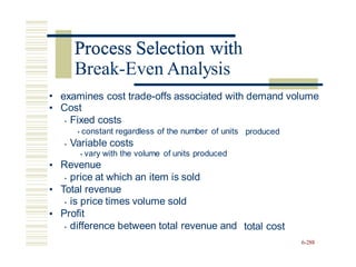 Process Selection with
•
•
examines cost trade-offs associated with
Cost
• Fixed costs
• constant regardless of the number of units
demand volume
produced
• Variable costs
• vary with the volume of units produced
Revenue
• price at which an item is sold
Total revenue
• is price times volume sold
Profit
• difference between total revenue and
•
•
•
total cost
6-288
Process Selection wit
Break-Even Analysis
 