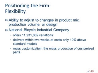 Positioning the Firm:
Flexibility
 Ability to adjust to changes in product mix,
production volume, or design
National Bicycle Industrial Company

offers 11,231,862 variations
delivers within two weeks at costs only 10% above
standard models


mass
parts
customization: the mass production of customized

1-29
 