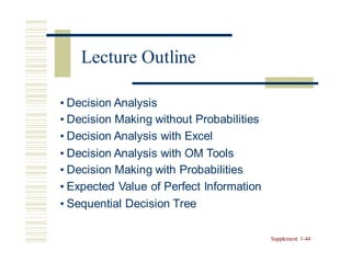 • Decision Analysis
• Decision Making without Probabilities
• Decision Analysis with Excel
• Decision Analysis with OM Tools
• Decision Making with Probabilities
• Expected Value of Perfect Information
• Sequential Decision Tree
Supplement 1-44
Lecture Outline
 