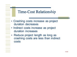 Time-Cost Relationship
• Crashing costs increase as project
duration decreases
• Indirect costs increase as project
duration increases
• Reduce project length as long as
crashing costs are less than indirect
costs
9-505
Time-Cost Relation
 