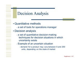 • Quantitative methods
• a set of tools for operations manager
• Decision analysis
• a set of quantitative decision-making
techniques for decision situations in which
uncertainty exists
• Example of an uncertain situation
• demand for a product may vary between 0 and 200
units, depending on the state of market
Supplement 1-45
Decision Analysis
 