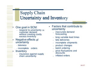 Uncertainty and Inventory
• Factors that contribute to
uncertainty
• One goal in SCM:
• respond to uncertainty
customer demand
without creating costly
excess inventory
in
inaccurate demand
forecasting
•
long variable lead times
late deliveries
incomplete shipments
product changes
batch ordering
price fluctuations and
discounts
inflated orders
•
• Negative effects
uncertainty
• lateness
of •
•
•
• incomplete
Inventory
orders •
• •
• insurance against supply
chain uncertainty •
10-517
Supply Chain
Uncertainty and Invent
 