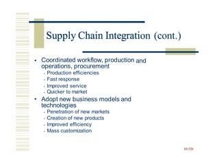 Supply Chain Integration (cont.)
• Coordinated workflow, production
operations, procurement
• Production efficiencies
• Fast response
and
• Improved service
• Quicker to market
Adopt new business models
technologies
• Penetration of new markets
• Creation of new products
• Improved efficiency
• Mass customization
• and
10-526
Supply Chain Integrati
 