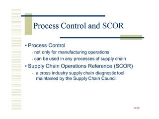 Process Control and SCOR
• Process Control
• not only for manufacturing operations
• can be used in any processes of supply chain
• Supply Chain Operations Reference (SCOR)
• a cross industry supply chain diagnostic tool
maintained by the Supply Chain Council
10-531
Process Control and
 