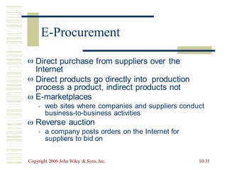  Direct purchase from suppliers over the
Internet
 Direct products go directly into production
process a product, indirect products not
E-marketplaces

web sites where companies and suppliers conduct
business-to-business activities
Reverse auction


a company posts orders on the Internet for
suppliers to bid on

Copyright 2006 John Wiley & Sons, Inc. 10-31
E-Procurement
 