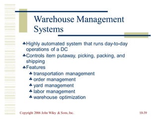 Warehouse Management
Highly automated system that runs day-to-day
operations of a DC
Controls item putaway, picking,
shipping
Features
packing, and






transportation management
order management
yard management
labor management
warehouse optimization
Copyright 2006 John Wiley & Sons, Inc. 10-39
Warehouse Manage
Systems
 