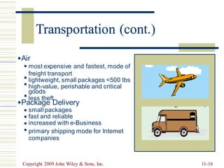 Transportation (cont.)
Air
most expensive and fastest, mode of
freight transport
lightweight, small packages <500 lbs
high-value, perishable and critical
goods
less theft
◼
◼
◼
◼
Package Delivery
small packages
fast and reliable
increased with e-Business
primary shipping mode for Internet
companies
◼
◼
◼
◼
Copyright 2009 John Wiley & Sons, Inc. 11-16
Transportation (con
 
