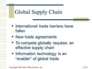 ▪ International trade barriers have
fallen
New trade agreements
▪
▪ To compete globally requires
effective supply chain
Information technology is an
“enabler” of global trade
an
▪
Copyright 2009 John Wiley & Sons, Inc. 11-19
Global Supply Chain
 