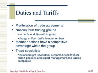 ▪
▪
Proliferation of trade agreements
Nations form trading groups
▪no tariffs or duties within group
▪charge uniform tariffs to nonmembers
Member nations have a competitive
advantage within the group
Trade specialists
▪include freight forwarders, customs house
▪
▪
brokers,
export packers, and export management and trading
companies
Copyright 2009 John Wiley & Sons, Inc. 11-22
Duties and Tariffs
 