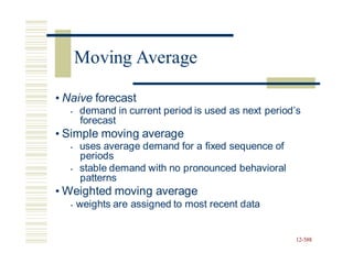 • Naive forecast
• demand in current period is used as next period’s
forecast
• Simple moving average
• uses average demand for a fixed sequence of
periods
• stable demand with no pronounced behavioral
patterns
• Weighted moving average
• weights are assigned to most recent data
12-588
Moving Average
 