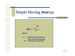 Simple Moving Average
Di
i = 1
12-590
n
MAn =
n
where
n = number of periods in
the moving average
Di = demand in period i
Simple Moving Aver
 