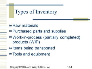 


Raw materials
Purchased parts and supplies
Work-in-process (partially
products (WIP)
Items being transported
Tools and equipment
completed)


Copyright 2006 John Wiley & Sons, Inc. 12-4
Types of Inventory
 
