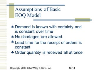  Demand is known with certainty and
is constant over time
No shortages are allowed
Lead time for the receipt of orders is
constant
Order quantity is received all at once



Copyright 2006 John Wiley & Sons, Inc. 12-14
Assumptions of Basic
EOQ Model
 