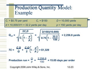 Production Quantity Model:
2CoD 2(150)(10,000)
Qopt = = = 2,256.8 yards
32.2
d
Cc 1 - 0.75 1 -
150
p
CoD
Q
CcQ
2
d
TC = + 1 - = $1,329
p
2,256.8
150
Q
p
Production run = = = 15.05 days per order
Copyright 2006 John Wiley & Sons, Inc. 12-23
Cc = $0.75 per yard Co = $150 D = 10,000 yards
d = 10,000/311 = 32.2 yards per day p = 150 yards per day
Production Quantity M
Example
 