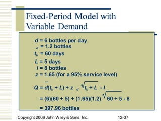 Fixed-Period Model with
Copyright 2006 John Wiley & Sons, Inc. 12-37
d = 6 bottles per day
d = 1.2 bottles
tb = 60 days
L = 5 days
I = 8 bottles
z = 1.65 (for a 95% service level)
Q = d(tb + L) + z d tb + L - I
= (6)(60 + 5) + (1.65)(1.2) 60 + 5 - 8
= 397.96 bottles
Fixed-Period Model w
Variable Demand
 