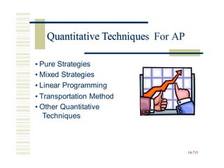 Quantitative Techniques For AP
• Pure Strategies
• Mixed Strategies
• Linear Programming
• Transportation Method
• Other Quantitative
Techniques
14-713
Quantitative Technique
 