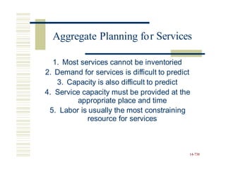 r Services
1. Most services cannot be inventoried
2. Demand for services is difficult to predict
3. Capacity is also difficult to predict
4. Service capacity must be provided at the
appropriate place and time
5. Labor is usually the most constraining
resource for services
14-738
Aggregate Planning fo
 
