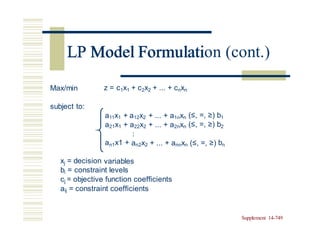 LP Model Formulation (cont.)
Max/min z = c1x1 + c2x2 + ... + cnxn
subject to:
a11x1 a12x2
+ + ... + a1nxn (≤, =, ≥) b1
a21x1 a22x2
:
+ + ... + a2nxn (≤, =, ≥) b2
an1x1 + an2x2 + ... + annxn (≤, =, ≥) bn
xj = decision variables
bi = constraint levels
cj = objective function coefficients
aij = constraint coefficients
Supplement 14-749
LP Model Formulati
 