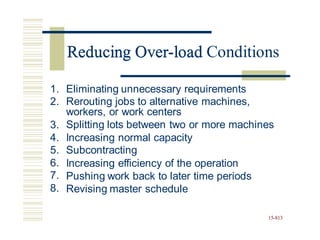 Reducing Over-load Conditions
1.
2.
Eliminating unnecessary requirements
Rerouting jobs to alternative machines,
workers, or work centers
Splitting lots between two or more machines
3.
4.
5.
6.
7.
8.
Increasing normal capacity
Subcontracting
Increasing efficiency of the operation
Pushing work back to later time periods
Revising master schedule
15-813
Reducing Over-load
 