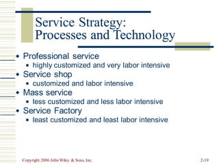 Processes and Technology
Professional service

highly customized and very labor intensive
◼
Service shop

customized and labor intensive
◼
Mass service

less customized and less labor intensive
◼
Service Factory

least customized and least labor intensive
◼
Copyright 2006 John Wiley & Sons, Inc. 2-19
Service Strategy:
Processes and Techn
 