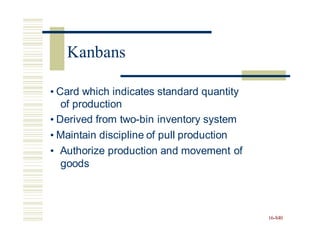 • Card which indicates standard quantity
of production
• Derived from two-bin inventory system
• Maintain discipline of pull production
• Authorize production and movement of
goods
16-840
Kanbans
 