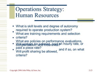 Human Resources
What is skill levels and degree of autonomy
required to operate production system?
What are training requirements and selection
criteria?
What are policies on performance evaluations,
compensation, and incentives?





Will workers be salaried, paid
paid a piece rate?
Will profit sharing be allowed,
criteria?
an hourly
and if so,
rate, or
on what
Copyright 2006 John Wiley & Sons, Inc. 2-23
Operations Strategy:
 