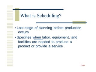 •Last stage of planning before production
occurs
•Specifies when labor, equipment, and
facilities are needed
product or provide a
to produce
service
a
17-880
What is Scheduling?
 