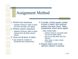 1. Perform row reductions
• subtract minimum value in each
row from all other row values
2. Perform column reductions
4. If number of lines equals number
of rows in matrix, then optimum
solution has been found. Make
assignments where zeros appear
Else modify matrix
•
• subtract minimum value in each
column from all other column
values
3. Cross out all zeros in matrix
• use minimum number of
horizontal and vertical lines
subtract minimum uncrossed value
from all uncrossed values
add it to all cells where two lines
intersect
other values in matrix remain
unchanged
•
•
•
5. Repeat steps 3 and 4 until
optimum solution is reached
17-885
Assignment Method
 