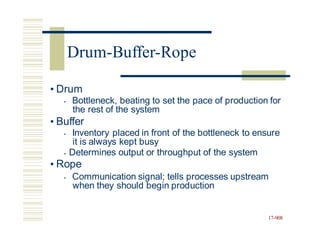 • Drum
• Bottleneck, beating to set the pace of production for
the rest of the system
• Buffer
• Inventory placed in front of the bottleneck to ensure
it is always kept busy
• Determines output or throughput of the system
• Rope
• Communication signal; tells processes upstream
when they should begin production
17-908
Drum-Buffer-Rope
 