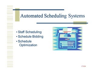 Automated Scheduling Systems
• Staff Scheduling
• Schedule Bidding
• Schedule
Optimization
17-918
Automated Scheduli
 