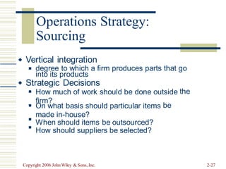 Sourcing
Vertical integration

degree to which a firm produces parts that go
◼
into its products
Strategic Decisions

How much of work should be done outside
firm?
the
◼
On what basis should particular items
made in-house?
When should items be outsourced?
How should suppliers be selected?
be
◼
◼
◼
Copyright 2006 John Wiley & Sons, Inc. 2-27
Operations Strategy:
 
