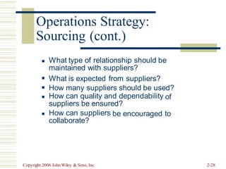 Sourcing (cont.)
What type of relationship should be
maintained with suppliers?
What is expected from suppliers?
How many suppliers should be used?
◼
◼
◼
How can quality and dependability
suppliers be ensured?
of
◼
How can suppliers
collaborate?
be encouraged to
◼
Copyright 2006 John Wiley & Sons, Inc. 2-28
Operations Strategy:
 