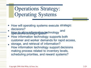 Operating Systems
How will operating systems execute
decisions?
How to align information technology
strategic
and



operations strategic goals?
How information technology supports both
customer and worker demands for rapid access,
storage, and retrieval of information?
How information technology support decisions
making process related to inventory levels,
scheduling priorities, and reward systems?

Copyright 2006 John Wiley & Sons, Inc. 2-29
Operations Strategy:
 
