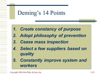 Copyright 2006 John Wiley & Sons, Inc. 3-18
1. Create constancy of purpose
2. Adopt philosophy of prevention
3. Cease mass inspection
4. Select a few suppliers based on
quality
5. Constantly improve system and
workers
Deming’s 14 Points
 