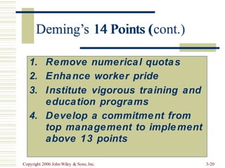 Deming’s 14 Points (cont.)
Copyright 2006 John Wiley & Sons, Inc. 3-20
1. Remove numerical quotas
2. Enhance worker pride
3. Institute vigorous training and
education programs
4. Develop a commitment from
top management to implement
above 13 points
Deming’s 14 Points (
 