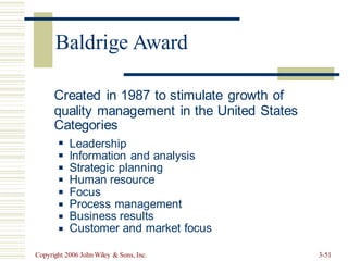 Created in 1987 to stimulate growth of
quality management in the United States
Categories
Leadership
Information and analysis
Strategic planning
Human resource
Focus
Process management
Business results
Customer and market focus
◼
◼
◼
◼
◼
◼
◼
◼
Copyright 2006 John Wiley & Sons, Inc. 3-51
Baldrige Award
 