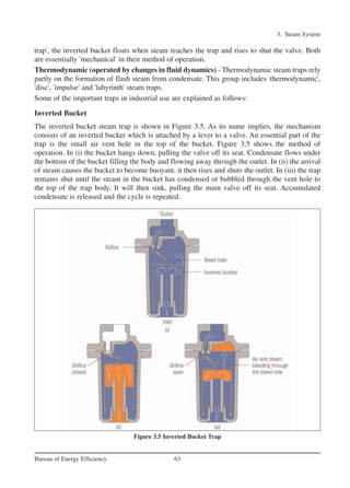 3. Steam System
63Bureau of Energy Efficiency
trap', the inverted bucket floats when steam reaches the trap and rises to shut the valve. Both
are essentially 'mechanical' in their method of operation.
Thermodynamic (operated by changes in fluid dynamics) - Thermodynamic steam traps rely
partly on the formation of flash steam from condensate. This group includes 'thermodynamic',
'disc', 'impulse' and 'labyrinth' steam traps.
Some of the important traps in industrial use are explained as follows:
Inverted Bucket
The inverted bucket steam trap is shown in Figure 3.5. As its name implies, the mechanism
consists of an inverted bucket which is attached by a lever to a valve. An essential part of the
trap is the small air vent hole in the top of the bucket. Figure 3.5 shows the method of
operation. In (i) the bucket hangs down, pulling the valve off its seat. Condensate flows under
the bottom of the bucket filling the body and flowing away through the outlet. In (ii) the arrival
of steam causes the bucket to become buoyant, it then rises and shuts the outlet. In (iii) the trap
remains shut until the steam in the bucket has condensed or bubbled through the vent hole to
the top of the trap body. It will then sink, pulling the main valve off its seat. Accumulated
condensate is released and the cycle is repeated.
Figure 3.5 Inverted Bucket Trap
Ch-03.qxd 2/23/2005 11:22 AM Page 63
 