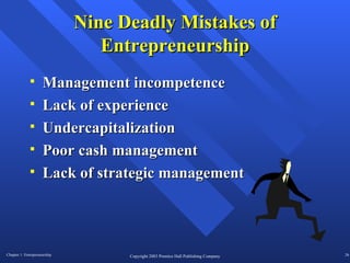 Nine Deadly Mistakes of Entrepreneurship Management incompetence Lack of experience Undercapitalization Poor cash management Lack of strategic management 